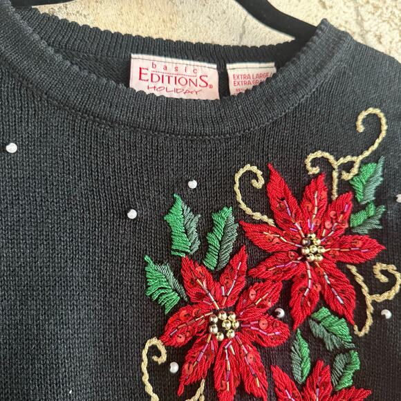 Vtg 90s Christmas Sweater Poinsettias Retro Holiday Embroidered Ugly XMAS XL - Picture 4 of 10
